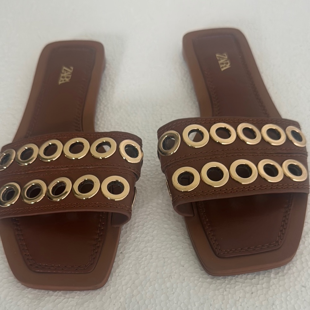 Zara Brown Gold Eyelet Slides